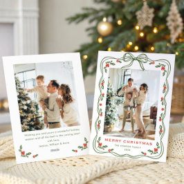 Minimalist Green Christmas Bow Ribbon 2 Photo シーズンカード