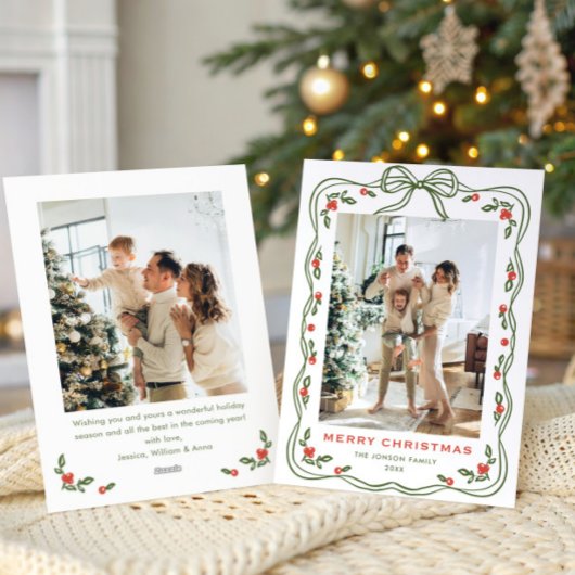 Minimalist Green Christmas Bow Ribbon 2 Photo シーズンカード