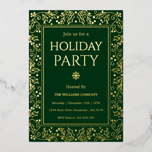 Minimalist Green & Gold Holiday Gathering 箔招待状 (正面)