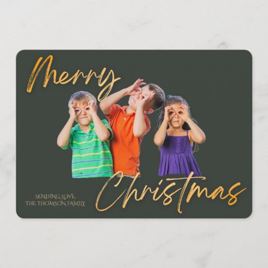 Minimalist Green Gold Merry Christmas Handwriting  招待状 (正面)