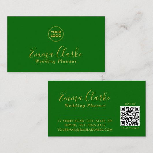 Minimalist Green Gold Scan Code Business Card 名刺 (正面/裏面)
