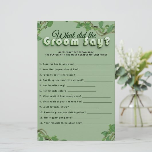 Minimalist Greenery Bridal Shower Groom Quiz Game (スタンド正面)