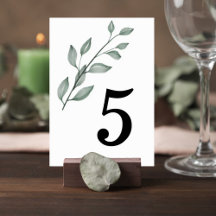 Minimalist Greenery Wedding Table Number Card