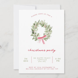 Minimalist Greenery Wreath & Bow Christmas Party 招待状