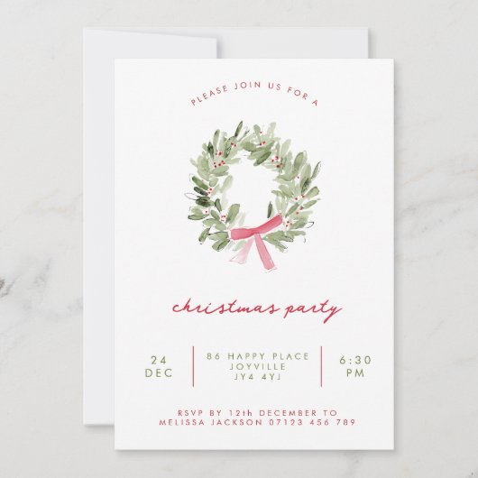 Minimalist Greenery Wreath & Bow Christmas Party 招待状 (正面)
