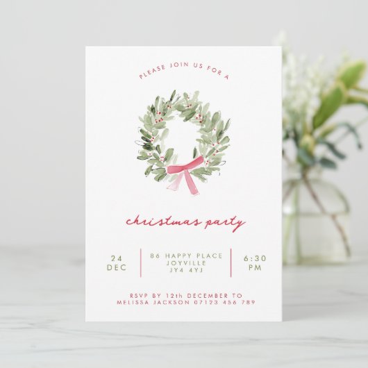Minimalist Greenery Wreath & Bow Christmas Party 招待状 (スタンド正面)
