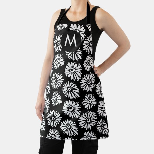 Minimalist Groovy Black and White Daisy Monogram エプロン (インサイチュ)