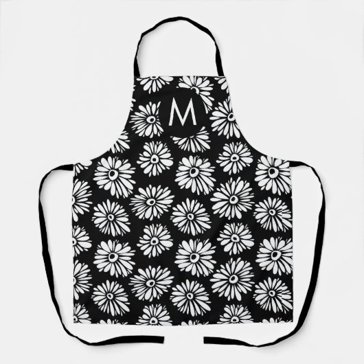 Minimalist Groovy Black and White Daisy Monogram エプロン (正面)