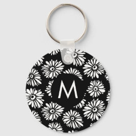 Minimalist Groovy Black and White Daisy Monogram キーホルダー