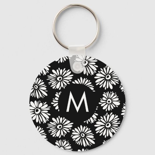 Minimalist Groovy Black and White Daisy Monogram キーホルダー (正面)