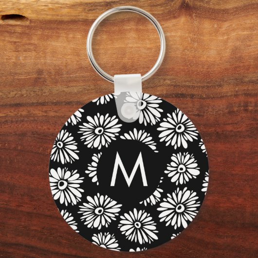 Minimalist Groovy Black and White Daisy Monogram キーホルダー (裏面)