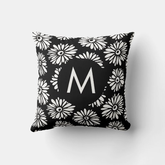 Minimalist Groovy Black and White Daisy Monogram クッション (裏面)