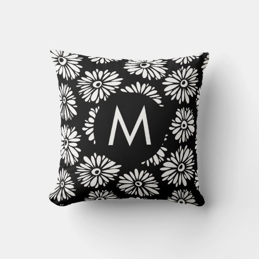 Minimalist Groovy Black and White Daisy Monogram クッション (正面)