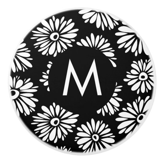 Minimalist Groovy Black and White Daisy Monogram セラミックノブ (正面)