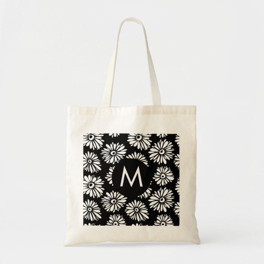 Minimalist Groovy Black and White Daisy Monogram トートバッグ (正面)