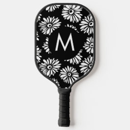 Minimalist Groovy Black and White Daisy Monogram ピックルボールラケット