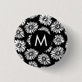 Minimalist Groovy Black and White Daisy Monogram 缶バッジ