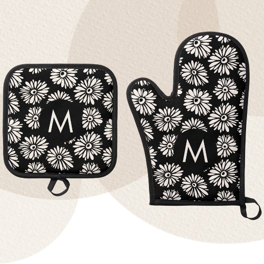 Minimalist Groovy Black and White Daisy Monogram 鍋つかみ&鍋敷きセット