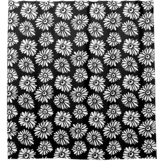 Minimalist Groovy Black and White Daisy Pattern シャワーカーテン (正面)