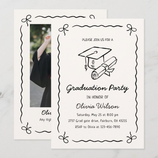 Minimalist Hand Drawn Photo Graduation Party   招待状 (正面/裏面)