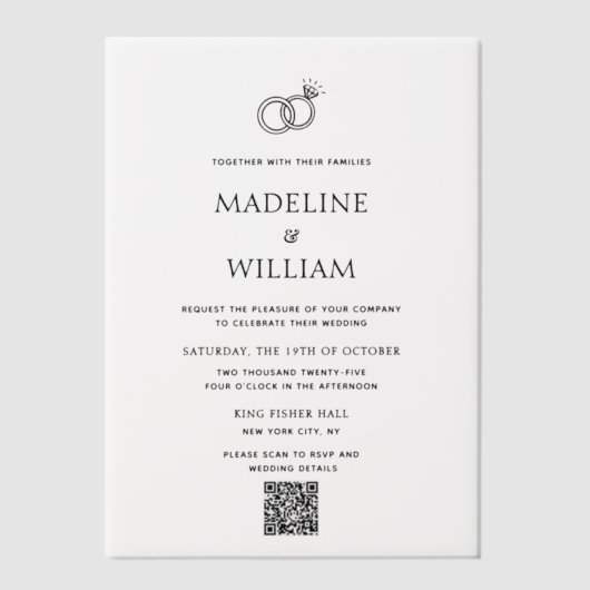 Minimalist Hand Drawn Rings Qr Code Wedding ベラム紙招待状 (正面)