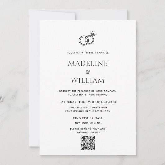 Minimalist Hand Drawn Rings Qr Code Wedding 招待状 (正面)