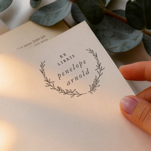 Minimalist Hand Drawn Wreath Ex Libris Book ラバースタンプ