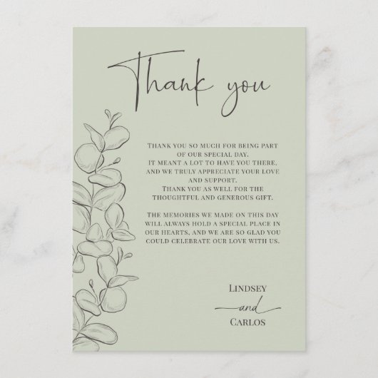 Minimalist handdrawn leaves green script wedding サンキューカード (正面)