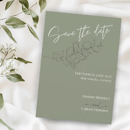 Minimalist handdrawn leaves green script wedding セーブザデート