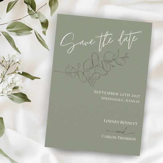Minimalist handdrawn leaves green script wedding セーブザデート
