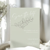 Minimalist handdrawn leaves green script wedding セーブザデート