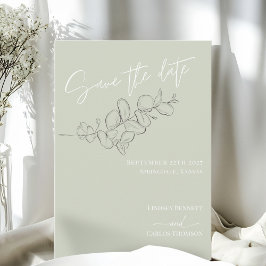 Minimalist handdrawn leaves green script wedding セーブザデート