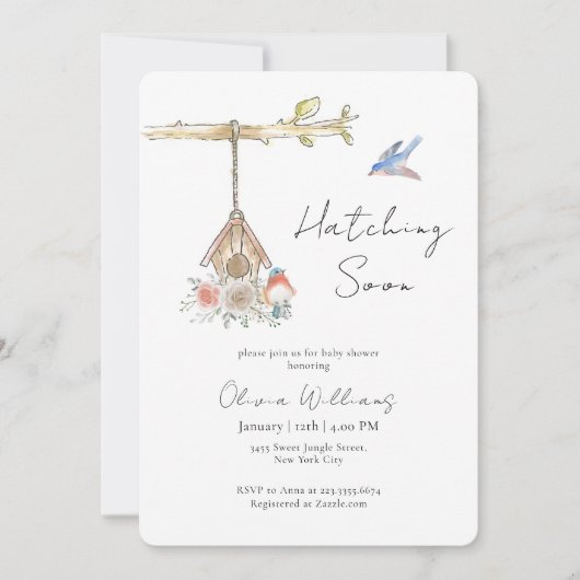 Minimalist Hatching Soon Bird Nest Baby Shower 招待状 (正面)