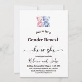 Minimalist He or She Pink Blue Bear Gender Reveal 招待状 (正面)
