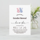 Minimalist He or She Pink Blue Bear Gender Reveal 招待状 (スタンド正面)