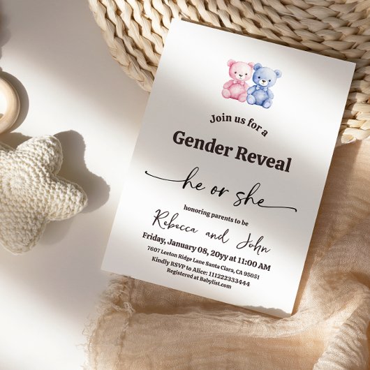 Minimalist He or She Pink Blue Bear Gender Reveal 招待状