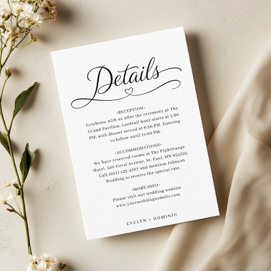 Minimalist Heart Script Wedding Details エンクロージャーカード