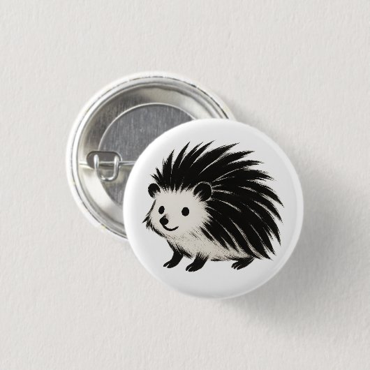 Minimalist Hedgehog – Black Ink Animal Design on  缶バッジ (正面&裏面)