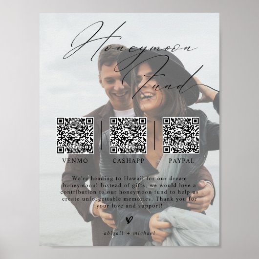 Minimalist Honeymoon Fund w/ Photo & 3 QR Codes ポスター (正面)
