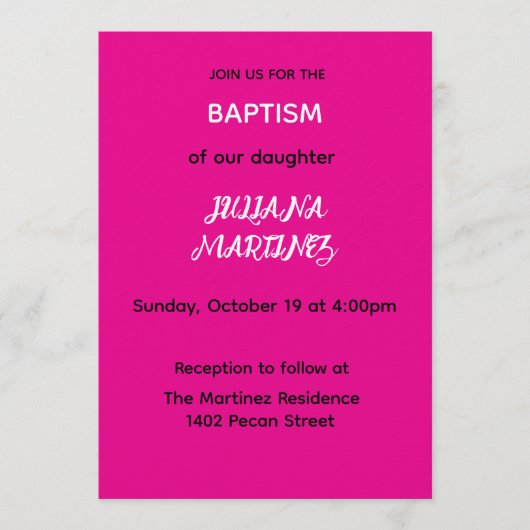 Minimalist Hot Pink Baptism Invite 招待状 (正面)