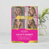 Minimalist Hot Pink Gold 4Photo Graduation Party  招待状 (スタンド正面)