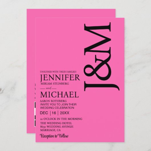 Minimalist Hot PInk Magenta QR Code Wedding 招待状 (正面/裏面)