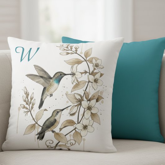 Minimalist Hummingbird & Floral Decorative Pillow クッション