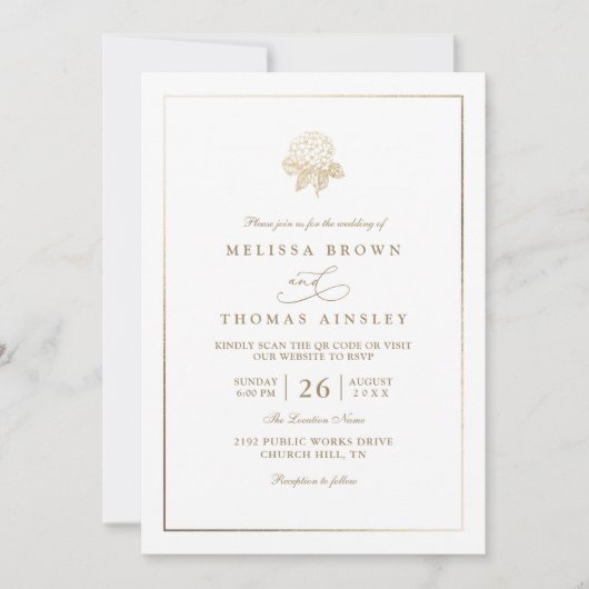 Minimalist Hydrangea Bloom Rustic QR Code Wedding 招待状 (正面)
