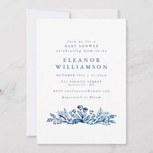 Minimalist Indigo Blue Ink Botanical Baby Shower 招待状 (正面)