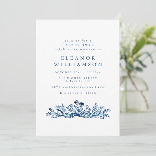 Minimalist Indigo Blue Ink Botanical Baby Shower 招待状 (スタンド正面)