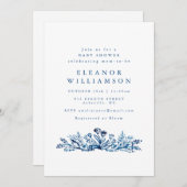 Minimalist Indigo Blue Ink Botanical Baby Shower 招待状 (正面/裏面)