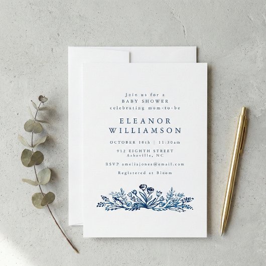 Minimalist Indigo Blue Ink Botanical Baby Shower 招待状