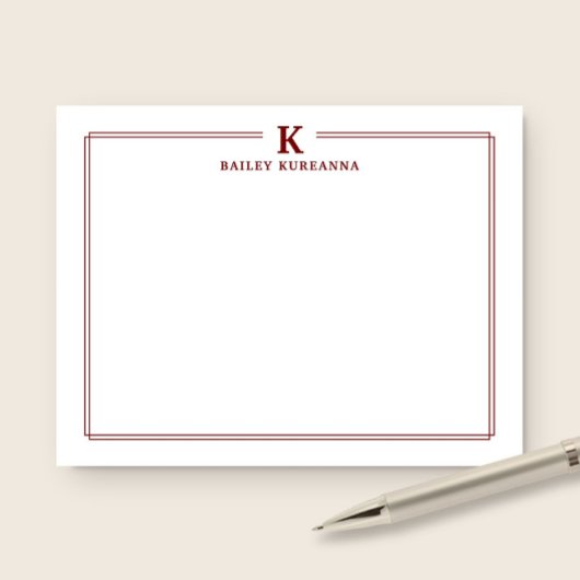 Minimalist Initial Dark Red Two Border Stationery ノートカード