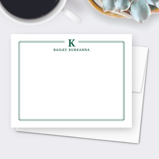 Minimalist Initial Hunter Green Border Stationery ノートカード